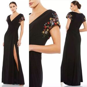 NWT Mac Duggal 55709 Embellished Sleeve Jersey Wrap Gown $498